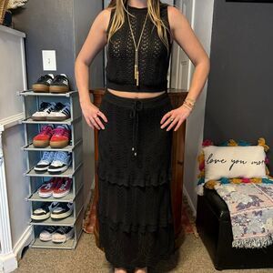 Women's Black Crochet Two Piece Set Knit Tank & maxi Skirt Boho Chic Feminine